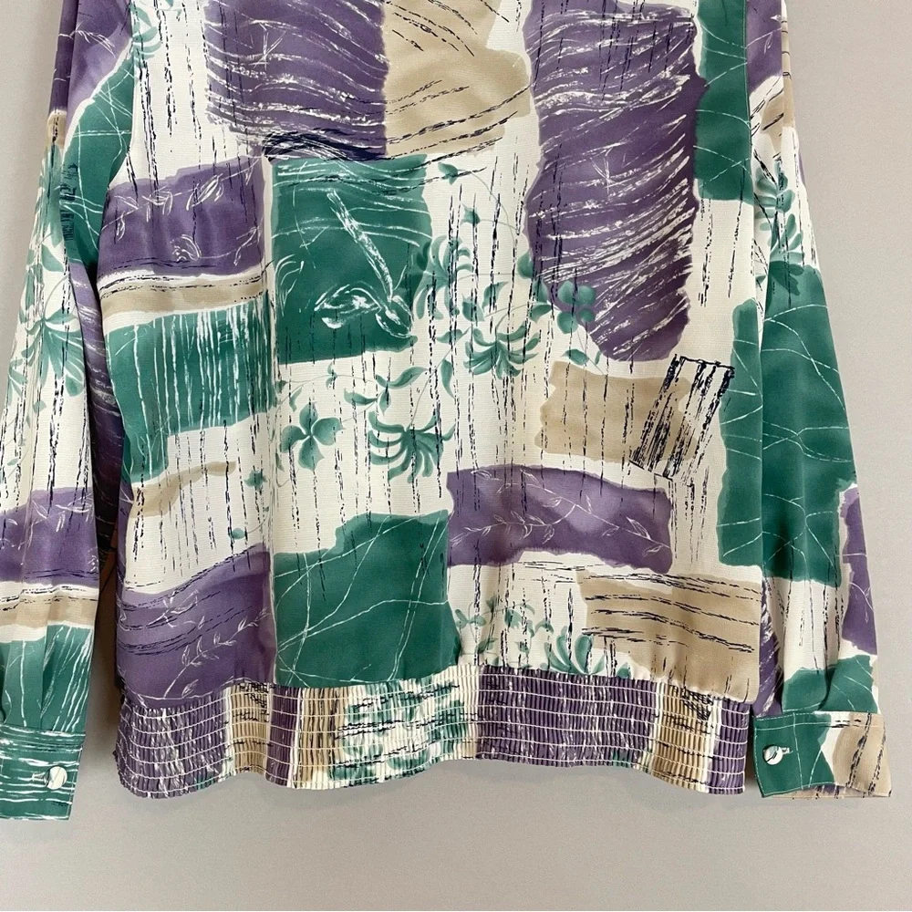 Vintage Blouse Women Abstract Tropical Polo Long Sleeve‎ Collar Shirred Smocked